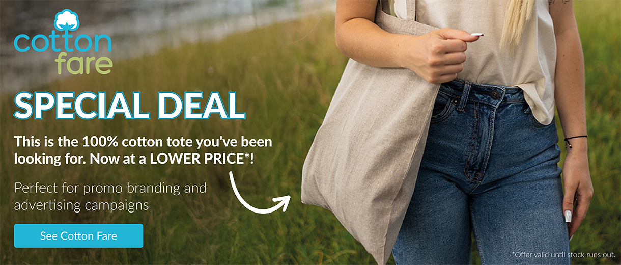 Banner promoting Cotton Fare cotton tote bag – perfect for campaigns and events, available in August at a lower price.