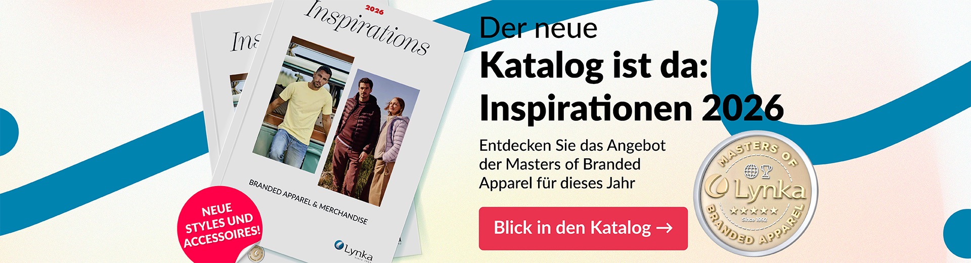 Banner zur Bewerbung des Lynka-Katalogs ‚Inspirations 2026‘; Katalogcover mit Bekleidung und Aufforderung, das Angebot zu entdecken.