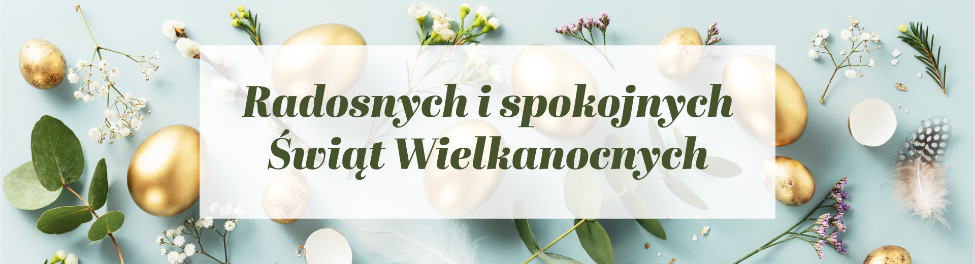 Baner wielkanocny z pastelowym tłem, ozdobnymi jajkami i wiosennymi kwiatami, tekst: „Radosnych i spokojnych Świąt Wielkanocnych”
