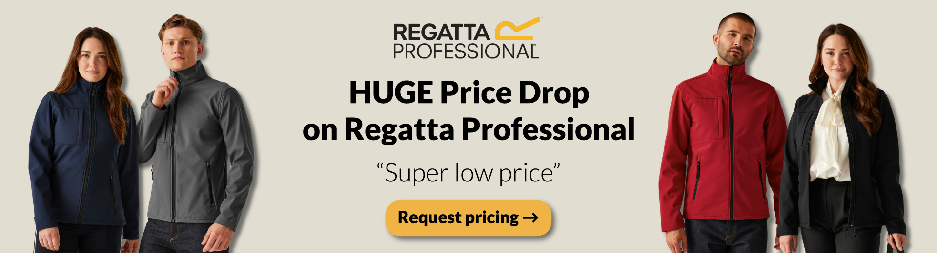 Huge price drop on Regatta Professional softshell jackets for men and women – super low price. Request pricing now.