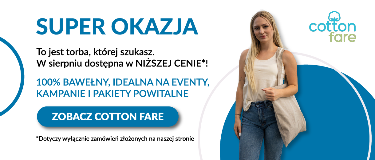 Baner promujący torbę bawełnianą Cotton Fare – idealna na kampanie i eventy, dostępna w sierpniu w niższej cenie.
