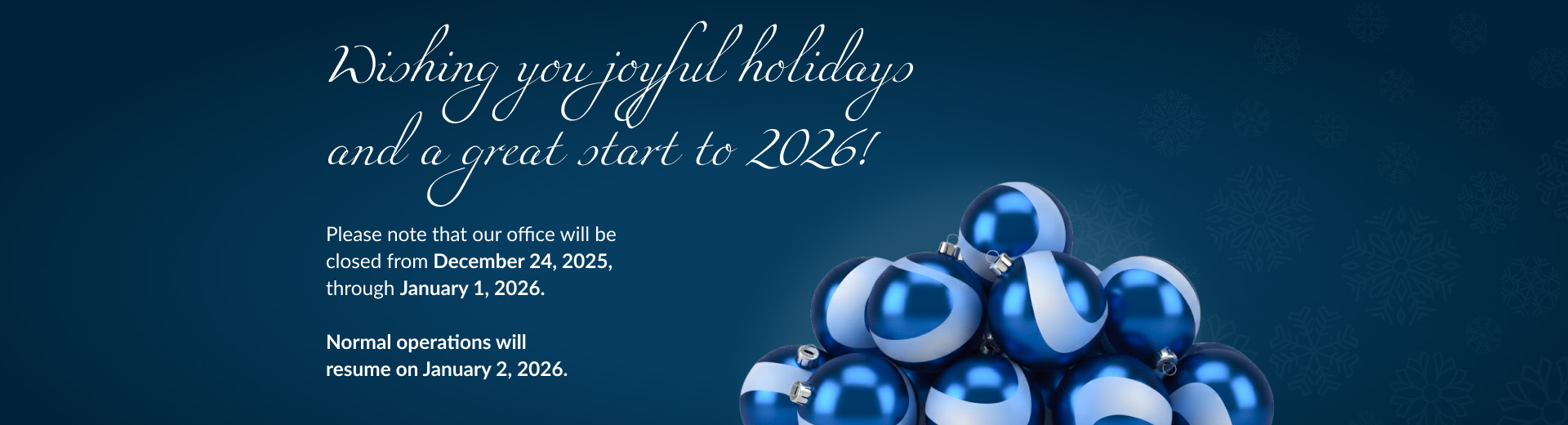 Holiday banner from Lynka with wishes for 2026 and a notice about the office winter closure; blue Christmas ornaments displayed on the right side.
