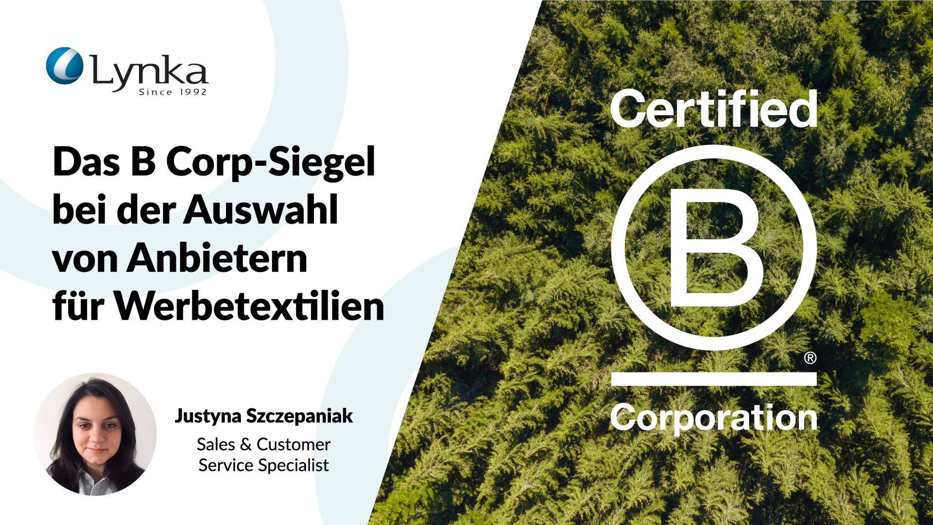 Header-Grafik: "Das B Corp Siegel bei der Auswahl von Anbietern für Werbetextilien". Weißes Certified B Corporation Logo auf grünem Hintergrund.