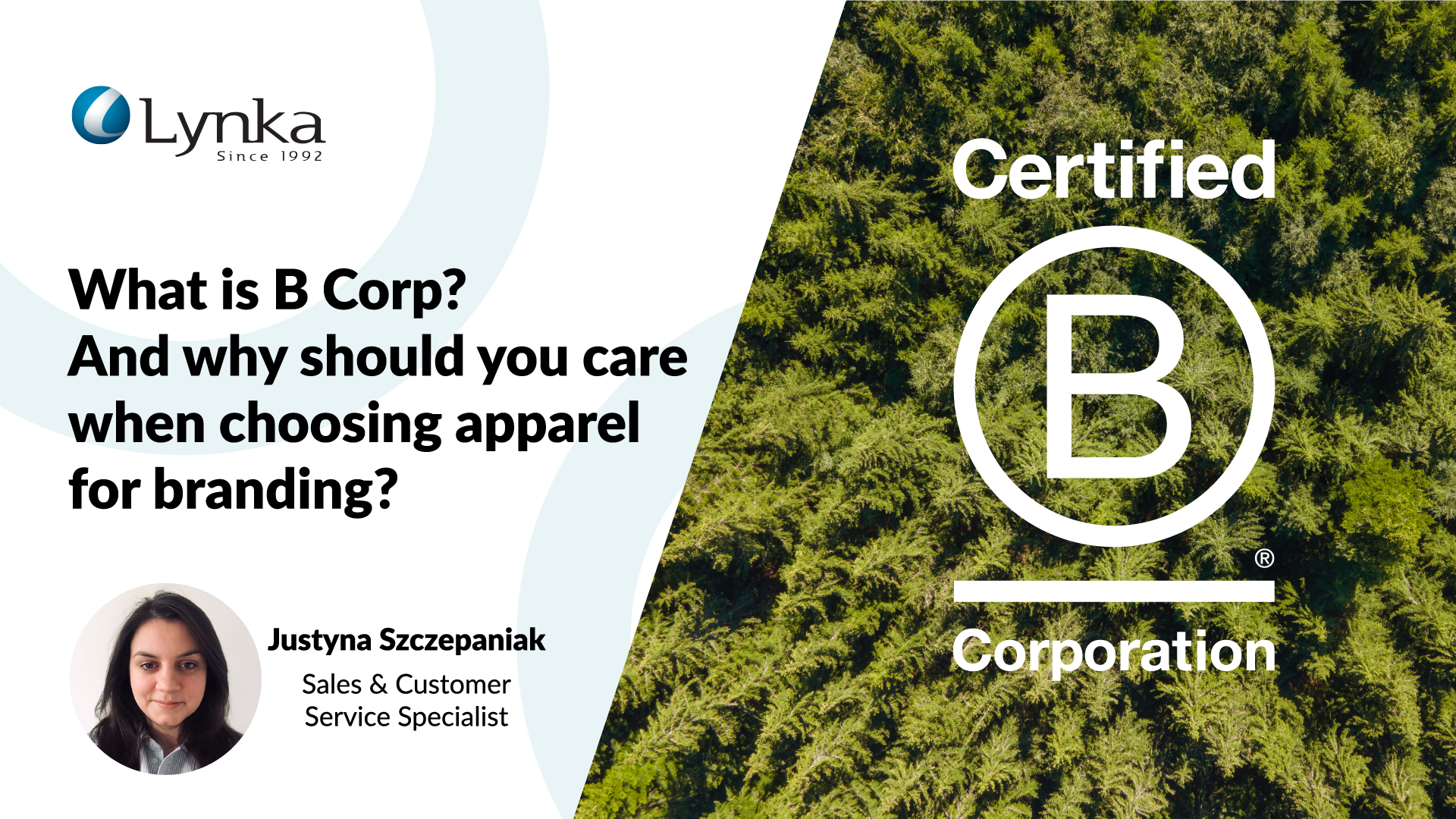 Header image: "What is B Corp? And why should you care when choosing apparel for branding?". Background shows hands holding sustainable cotton bags.