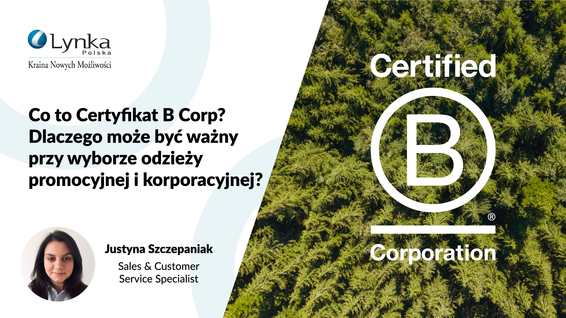 Grafika edukacyjna o certyfikacie B Corp. Logo Certified B Corp na jasnym tle z tekstem o wyborze odzieży firmowej.