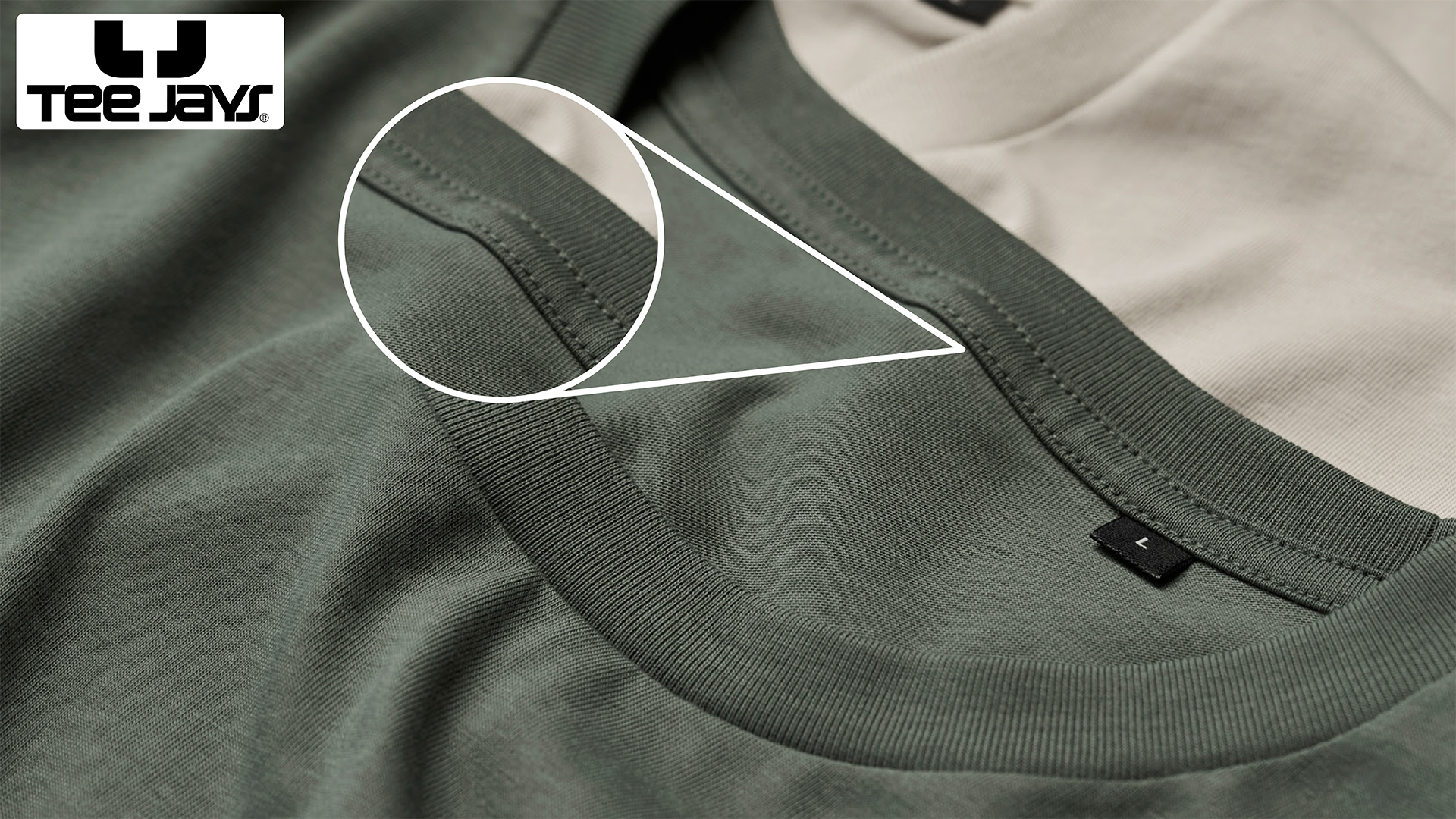 Close-up of Tee Jays t-shirt neckline without neck label – premium Label Free promotional apparel ready to decorate