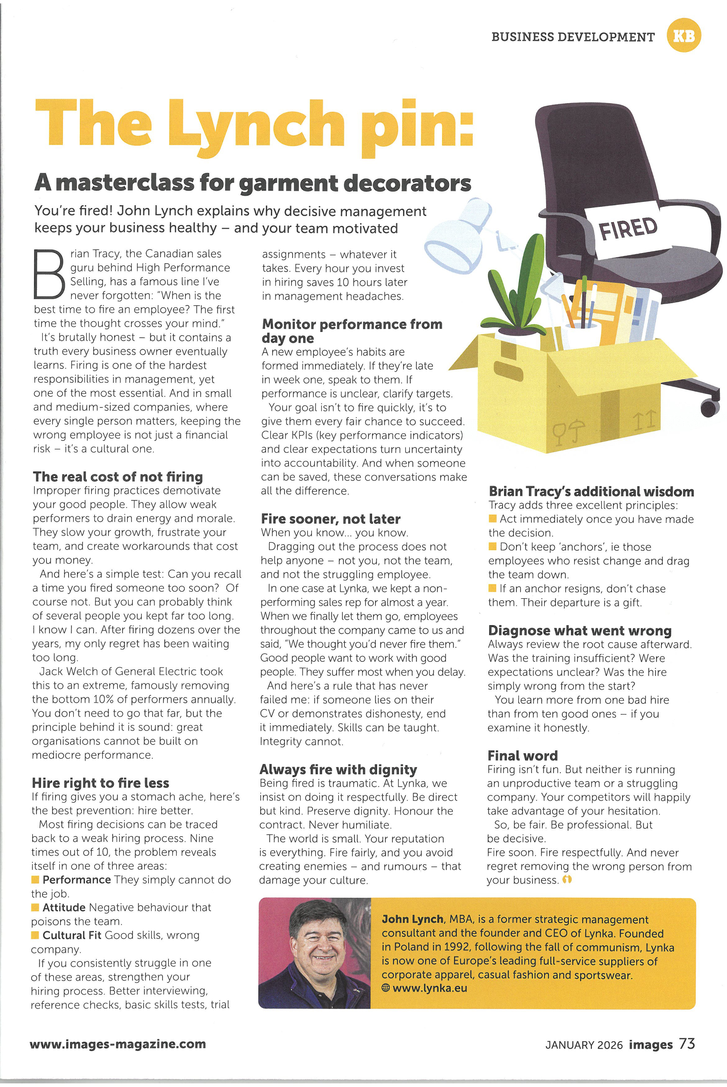 Magazine page featuring the article "The Lynch pin". Top illustration shows an office chair with a "FIRED" sign and a box of supplies. Bottom corner shows a photo of John Lynch, CEO of Lynka.