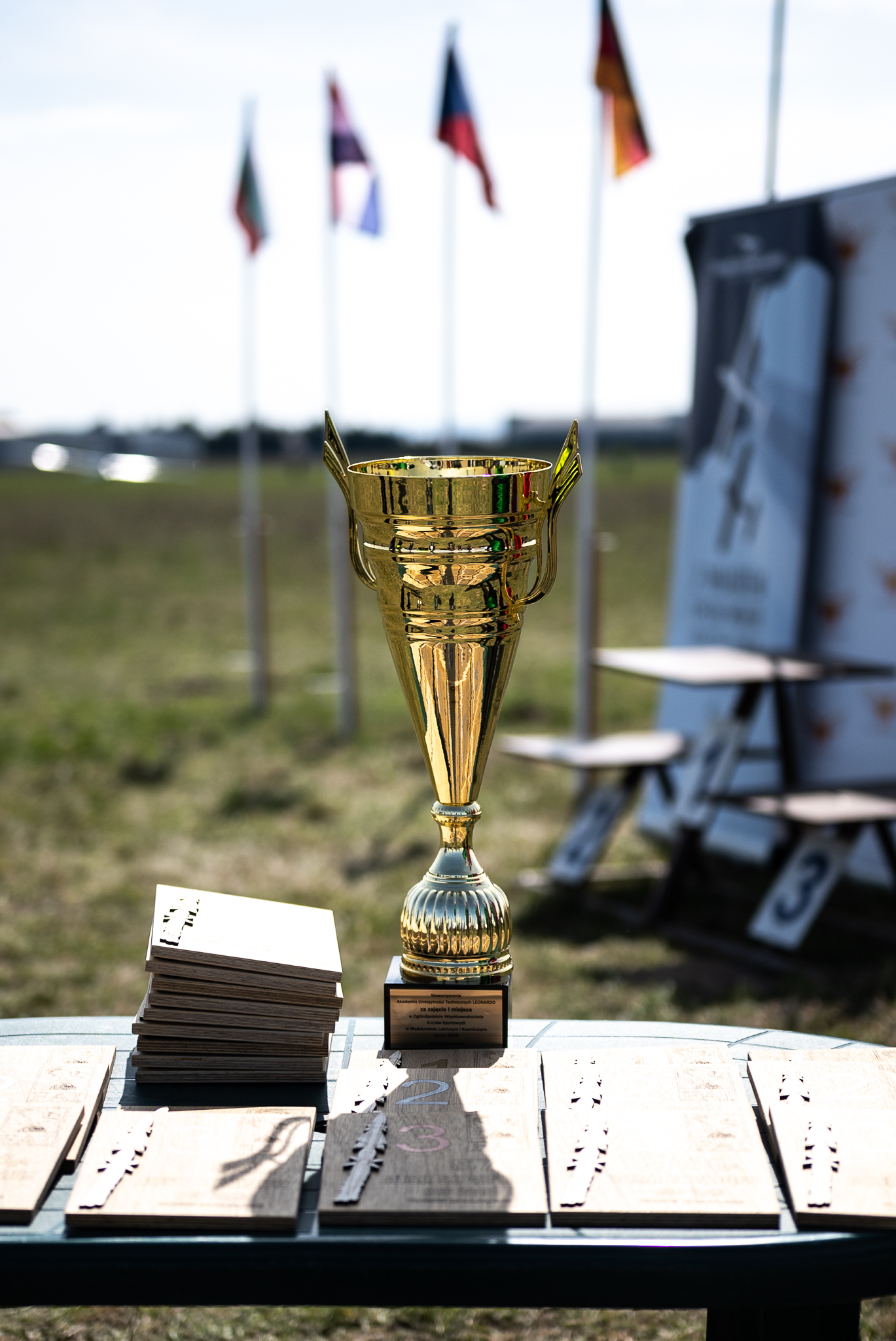 A gold trophy and wooden awards arranged on a table in the foreground, with blurred national flags on poles in the background.