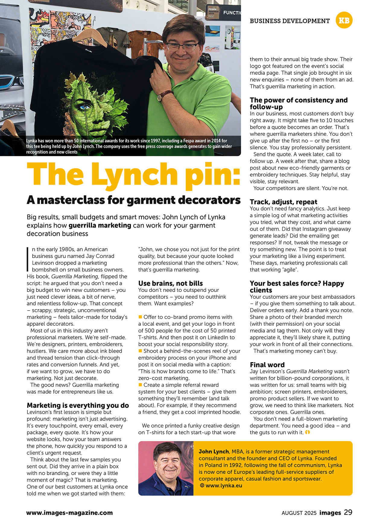 Scanned Images Magazine article from August 2025 titled &ldquo;The Lynch Pin&rdquo;, featuring John Lynch of Lynka on guerrilla marketing strategies for garment decorators, screen printers, and promotional apparel businesses.