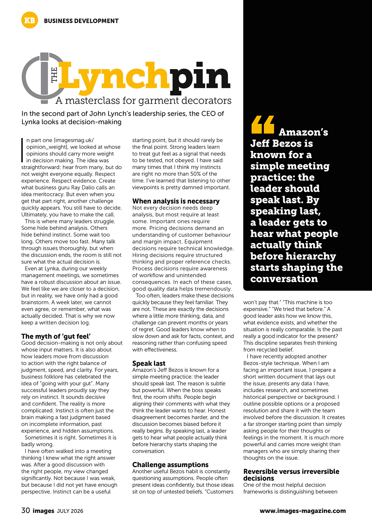 Scanned two-page Images Magazine article from July 2026 titled &ldquo;The Lynch Pin&rdquo;, featuring John Lynch of Lynka discussing leadership, decision-making, analysis, assumptions, and accountability in garment decoration businesses.