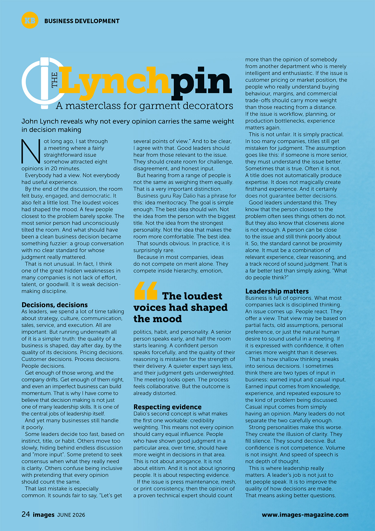 Scanned Images Magazine article from June 2026 titled “The Lynch Pin”, featuring John Lynch of Lynka discussing leadership, decision-making, and the value of expert opinions in garment decoration businesses.