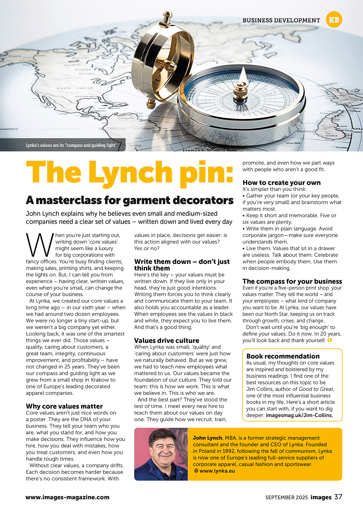 Scanned Images Magazine article from September 2025 titled “The Lynch Pin”, featuring John Lynch of Lynka explaining why core values matter for garment decorators and branded apparel companies.