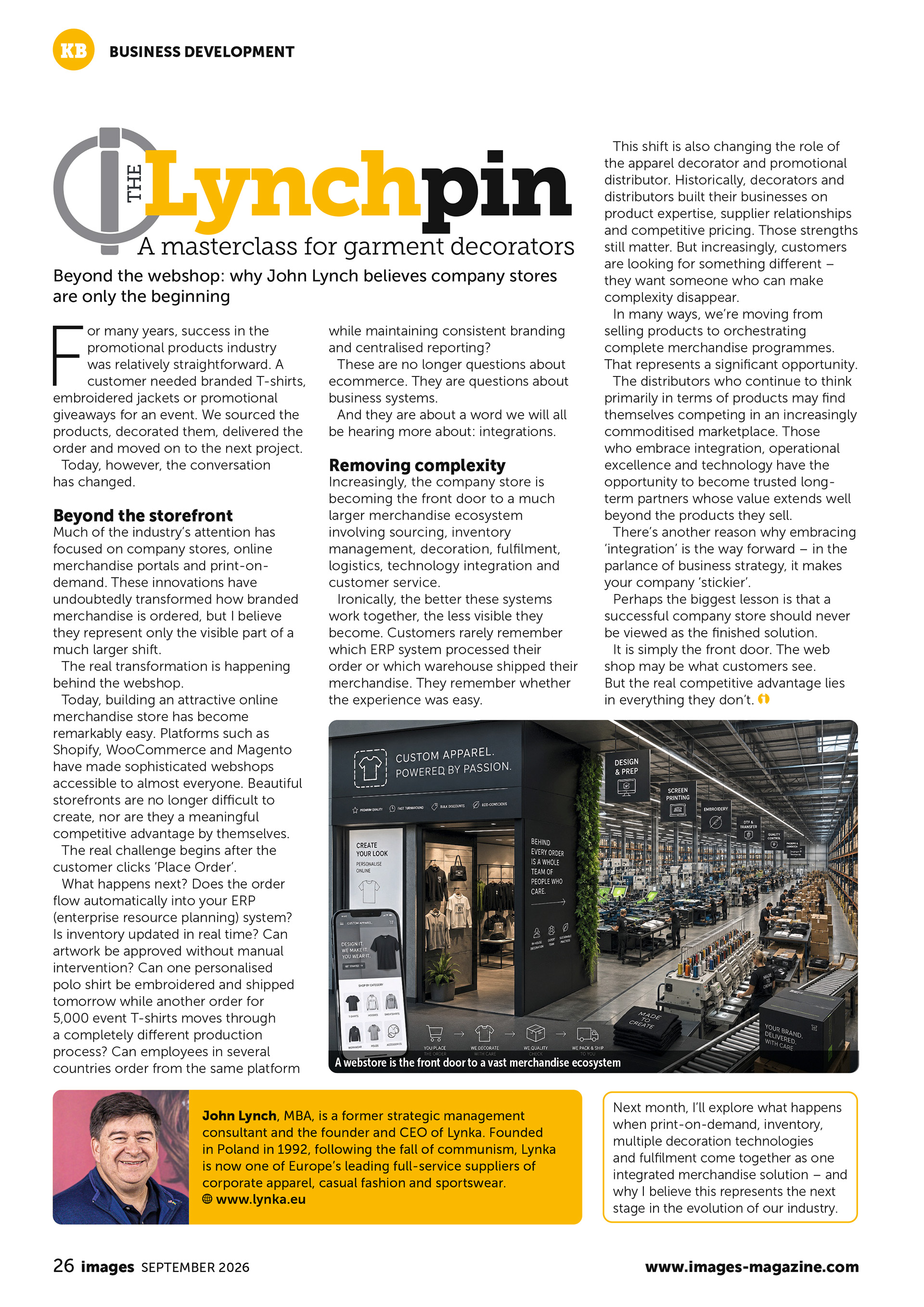 Skan artykułu z Images Magazine z września 2026 roku pt. „The Lynch Pin”, w którym John Lynch z Lynka omawia company stores, integrację ecommerce i ERP, fulfillment oraz zintegrowane rozwiązania merchandise dla firm zajmujących się zdobieniem odzieży.