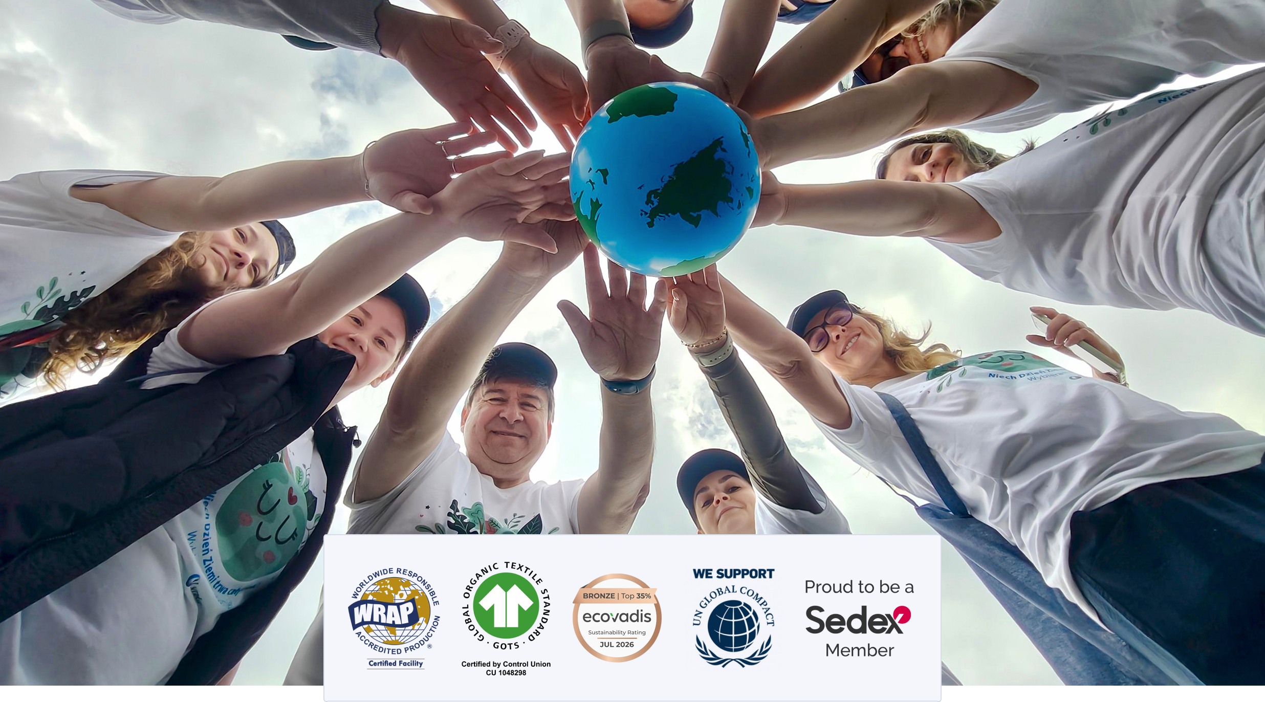 Lynka employees symbolically joining hands around a globe, highlighting the company&rsquo;s commitment to sustainable production and certified standards
